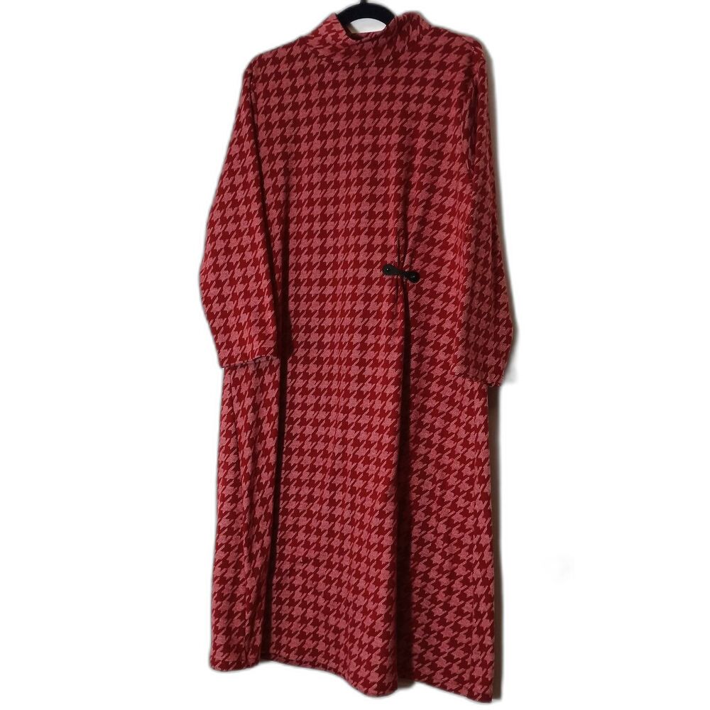Vtg 80's Houndstooth Midi Dress M merino Wool White & Red Retro